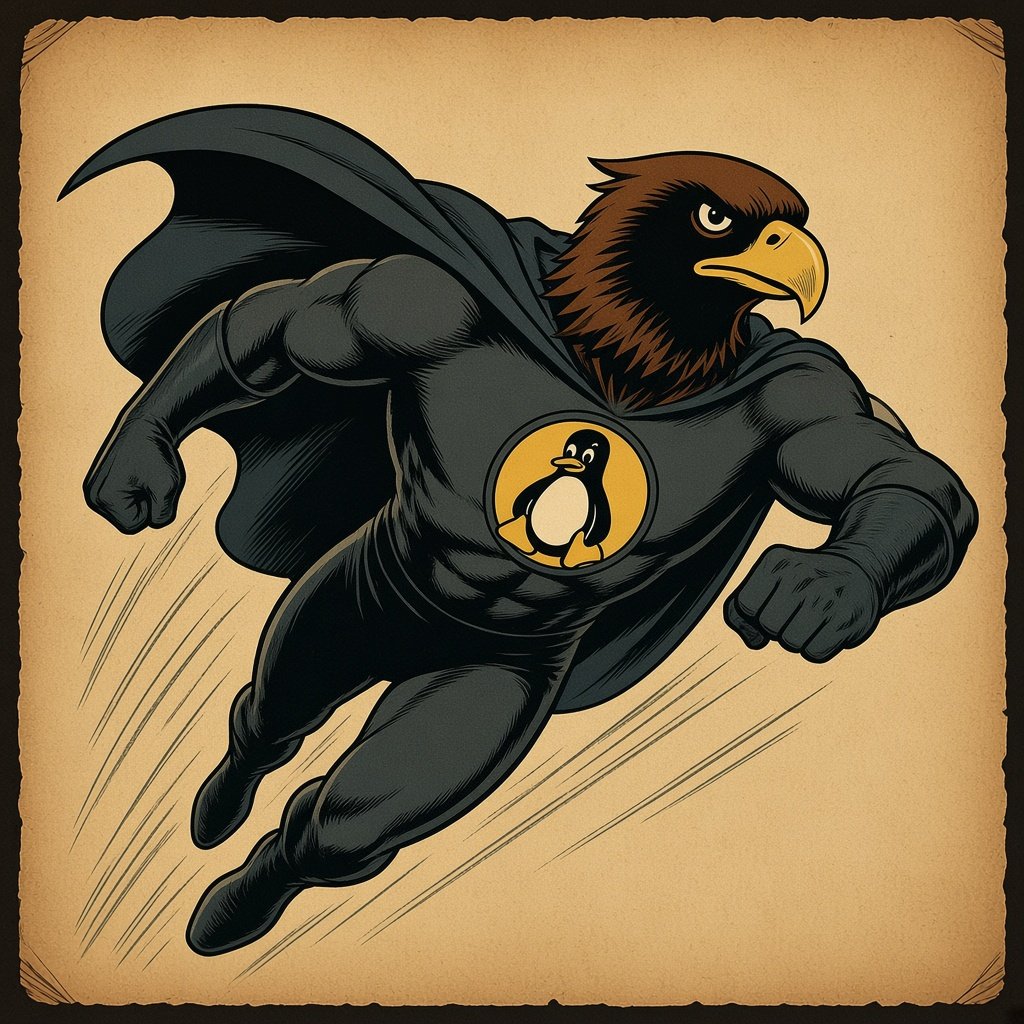 Tech Hawk mascot flying in classic comic-hero style.