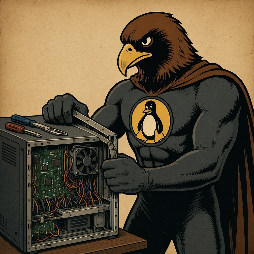 Tech Hawk mascot repairing a PC, comic-book style.