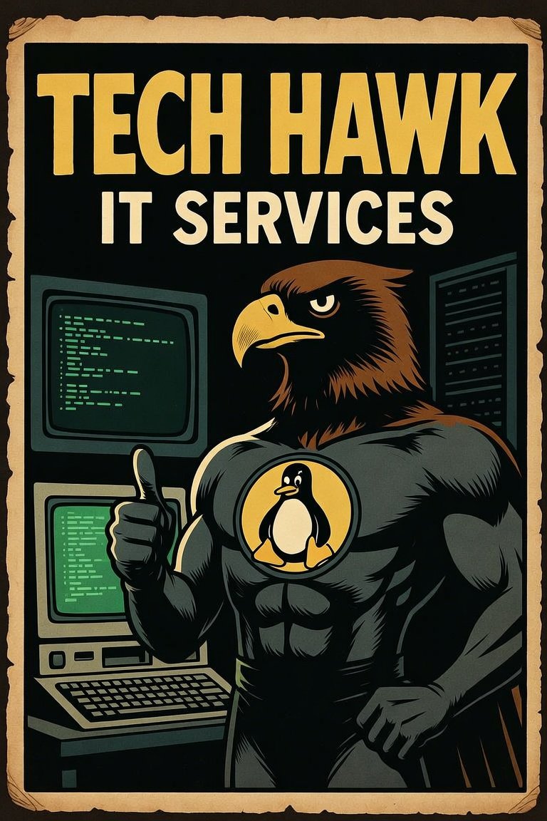 Tech Hawk mascot: a comic-book hawk hero giving a thumbs-up beside CRT computers.